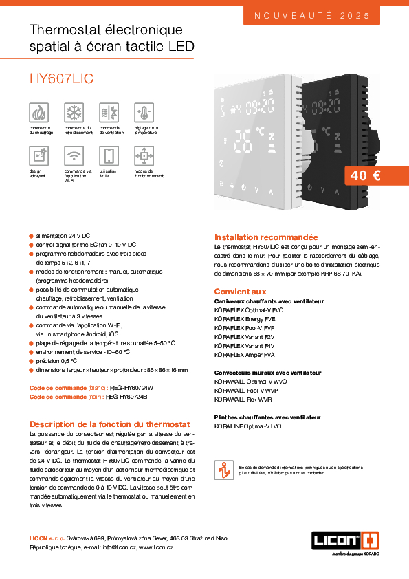 Thermostat électronique spatial à écran tactile LED HY607LIC